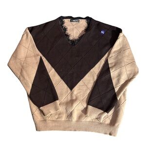 Sheilay Oversized Argyle Sweater Brown Tan Lace Trim Preppy Dark Academia XXL